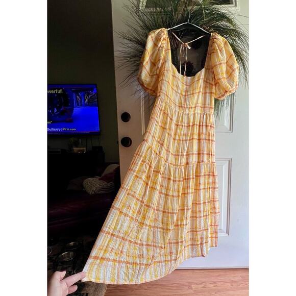Astr The Label Anthropologie IIana Puff Sleeve Prarie Yellow Plaid Dress - Picture 13 of 17